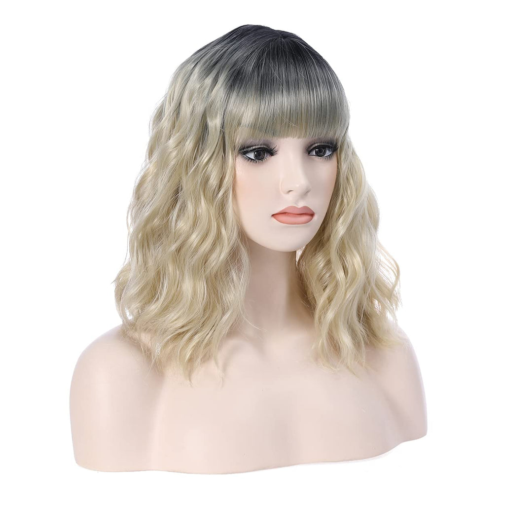 Ombre Blonde Short Bob Wig, 14in Heat-Resistant Synthetic Adjustable Cap