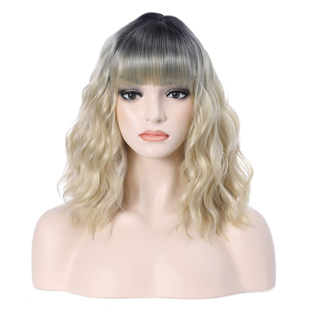 Ombre Blonde Short Bob Wig, 14in Heat-Resistant Synthetic Adjustable Cap