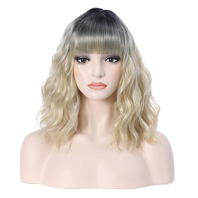 Ombre Blonde Short Bob Wig, 14in Heat-Resistant Synthetic Adjustable Cap