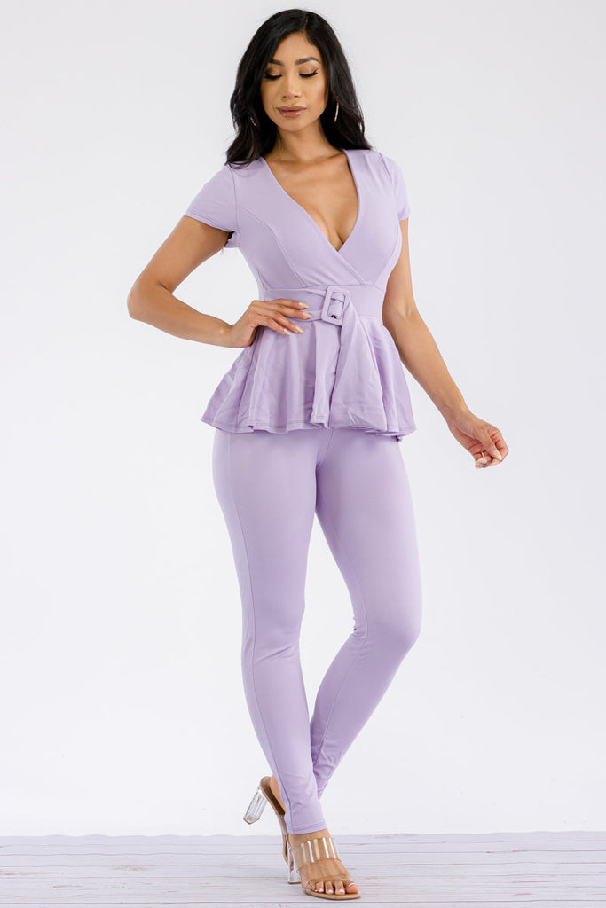 Lavender Peplum V-Neck Top & Skinny Pant Set with Belt