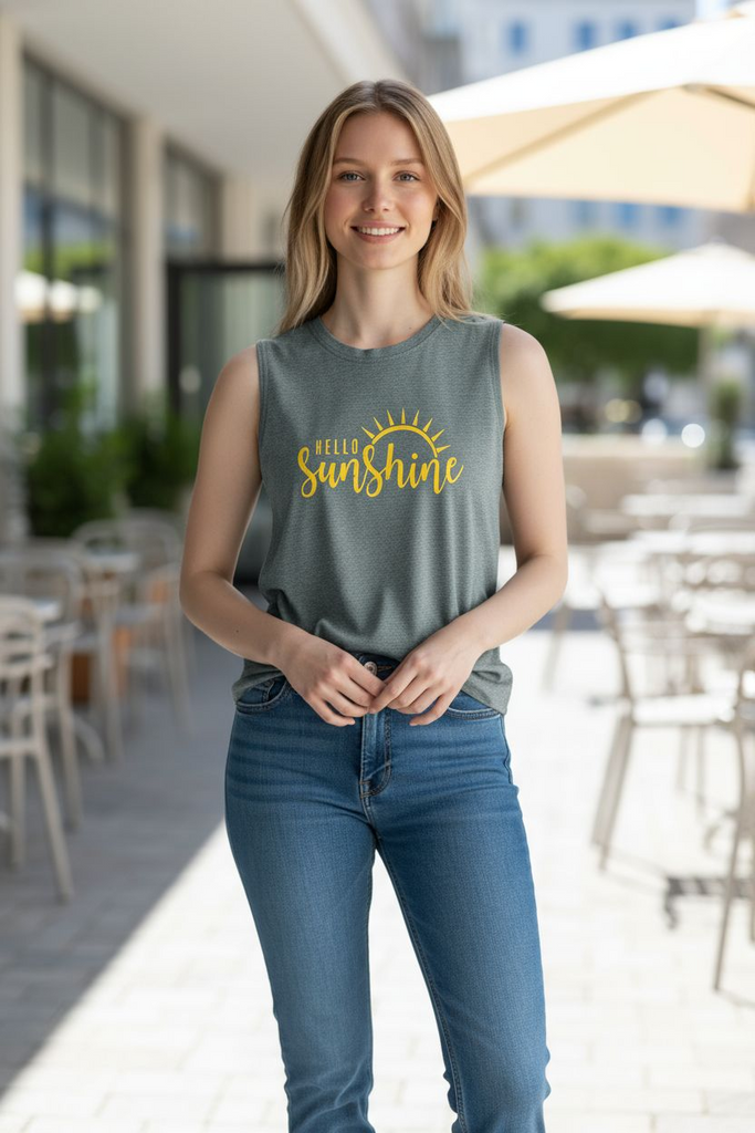"Hello Sunshine" 🌞Sleeveless Tank Top – Cheerful Summer Graphic Shirt