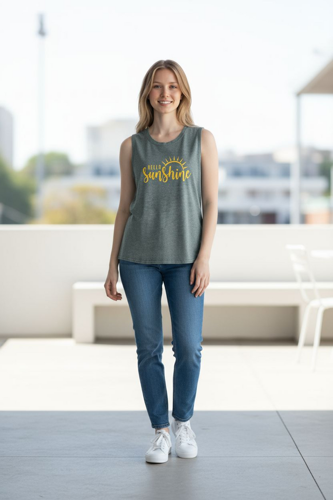 "Hello Sunshine" 🌞Sleeveless Tank Top – Cheerful Summer Graphic Shirt