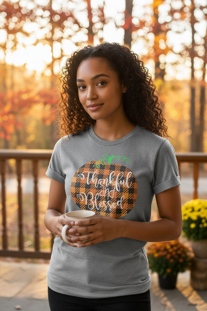 “Thankful and Blessed” Tee 🎃✨ – Cozy Fall Pumpkin Graphic Shirt 🧡