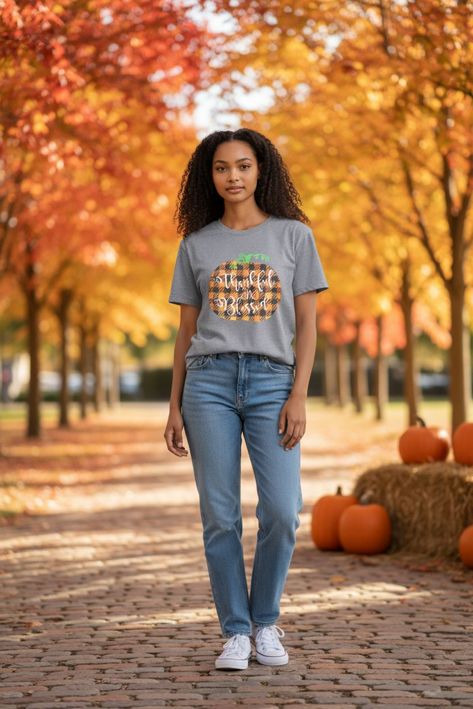 “Thankful and Blessed” Tee 🎃✨ – Cozy Fall Pumpkin Graphic Shirt 🧡