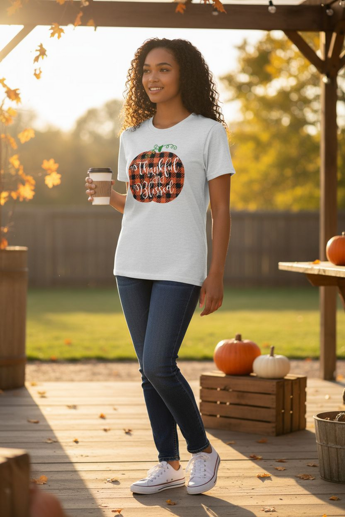 “Thankful and Blessed” Tee 🎃✨ – Cozy Fall Pumpkin Graphic Shirt 🤍