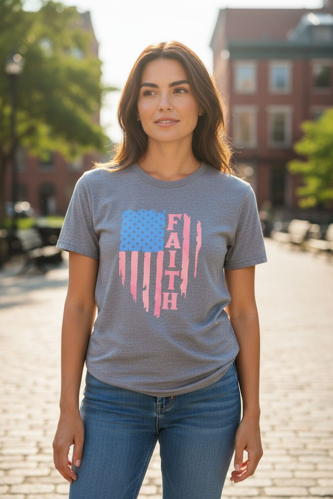 "Faith” Flag Tee🤍 ✨ – Patriotic Heart Graphic Shirt 🤍