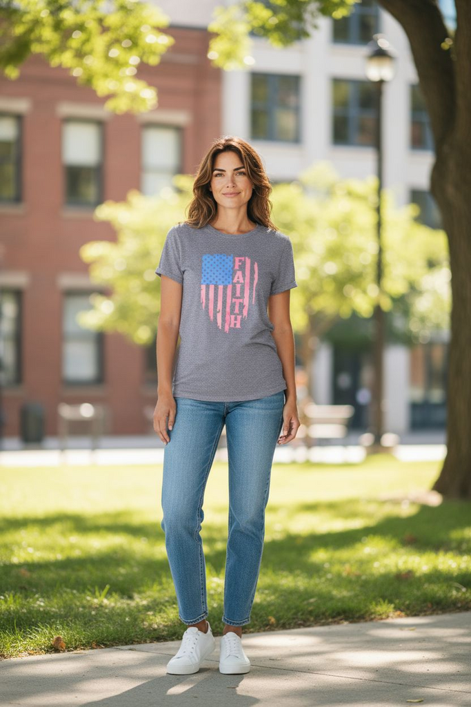 "Faith” Flag Tee🤍 ✨ – Patriotic Heart Graphic Shirt 🤍