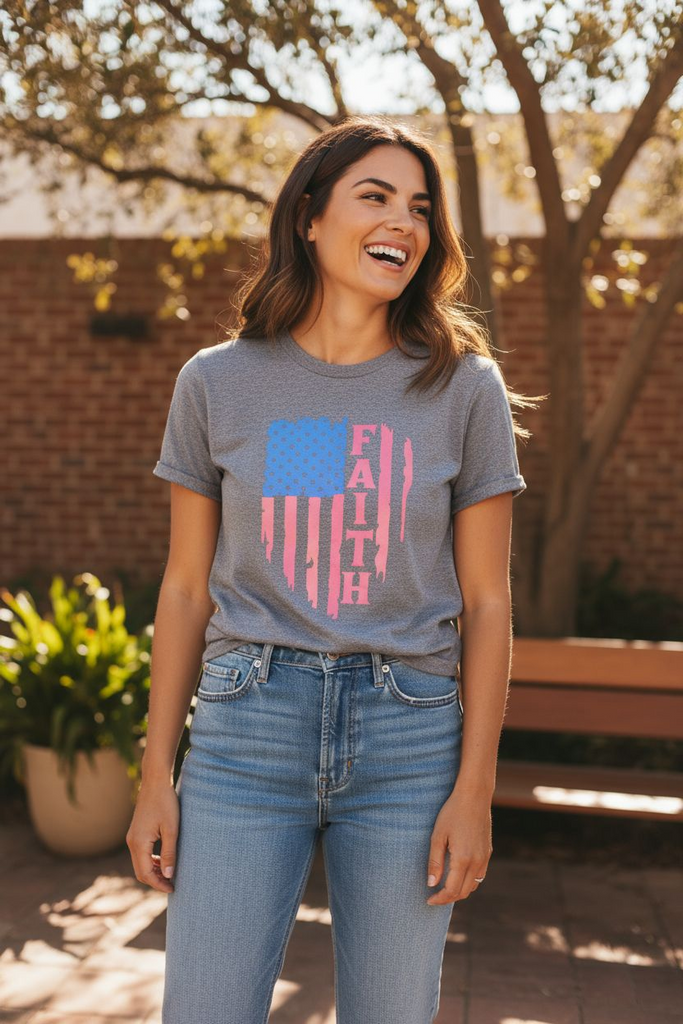 "Faith” Flag Tee🤍 ✨ – Patriotic Heart Graphic Shirt 🤍