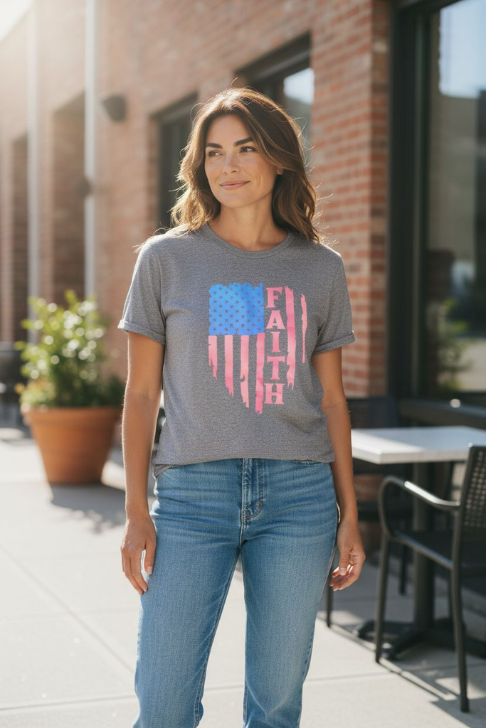 "Faith” Flag Tee🤍 ✨ – Patriotic Heart Graphic Shirt 🤍