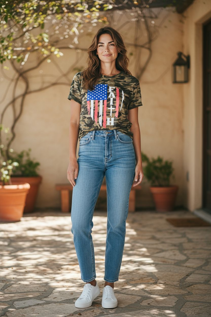 "Faith” Camo Tee 💚✨ – Patriotic Heart Graphic Shirt