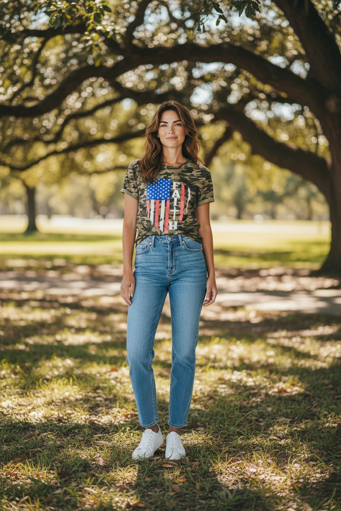 "Faith” Camo Tee 💚✨ – Patriotic Heart Graphic Shirt
