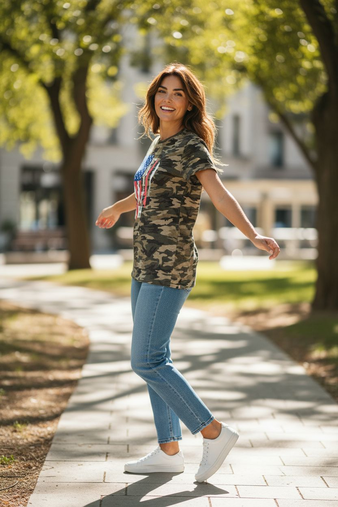 "Faith” Camo Tee 💚✨ – Patriotic Heart Graphic Shirt