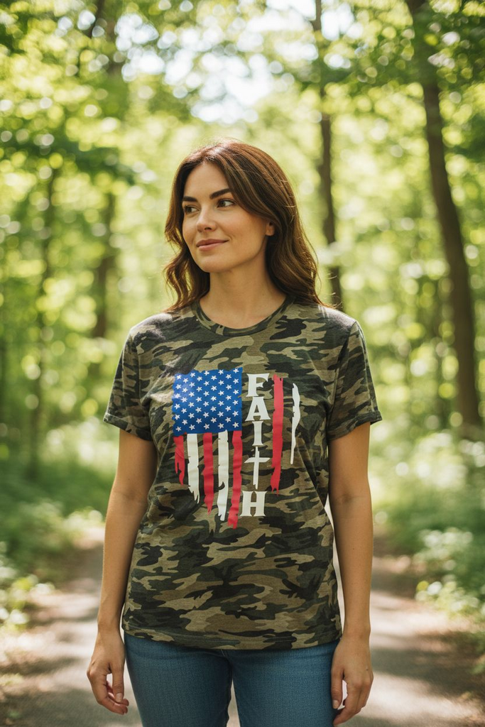 "Faith” Camo Tee 💚✨ – Patriotic Heart Graphic Shirt