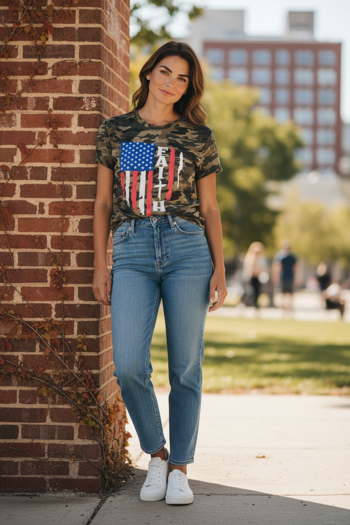 "Faith” Camo Tee 💚✨ – Patriotic Heart Graphic Shirt