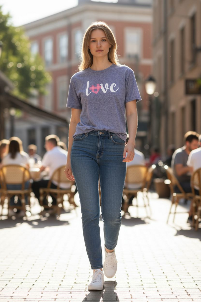 “Love” Tee 💕 – Cute Buffalo Plaid Heart Graphic Shirt 🩷