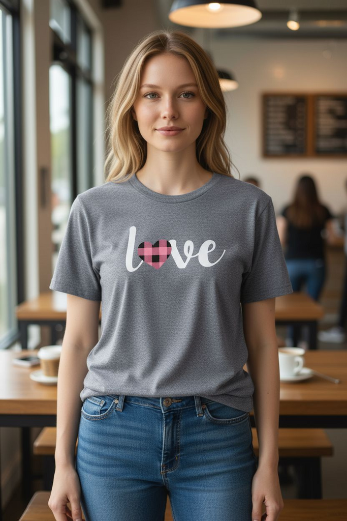 “Love” Tee 💕 – Cute Buffalo Plaid Heart Graphic Shirt 🩷