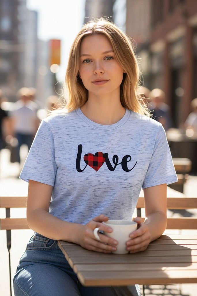 “Love” Tee 💕 – Cute Buffalo Plaid Heart Graphic Shirt ❤️