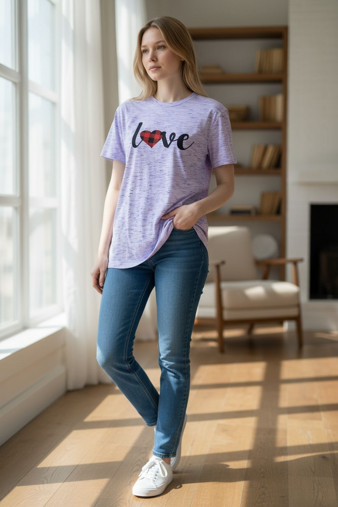 “Love” Tee 💕 – Cute Buffalo Plaid Heart Graphic Shirt ❤️