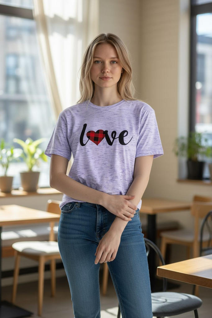 “Love” Tee 💕 – Cute Buffalo Plaid Heart Graphic Shirt ❤️