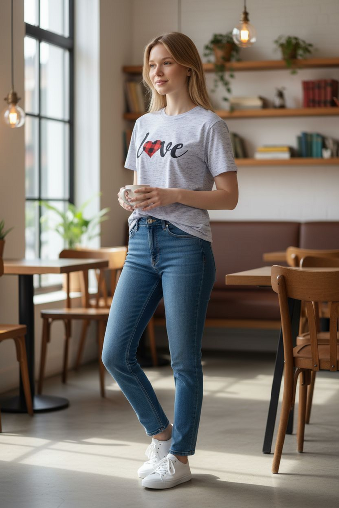 “Love” Tee 💕 – Cute Buffalo Plaid Heart Graphic Shirt ❤️