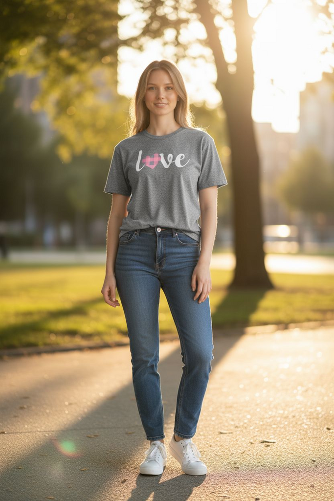“Love” Tee 💕 – Cute Buffalo Plaid Heart Graphic Shirt 🩷