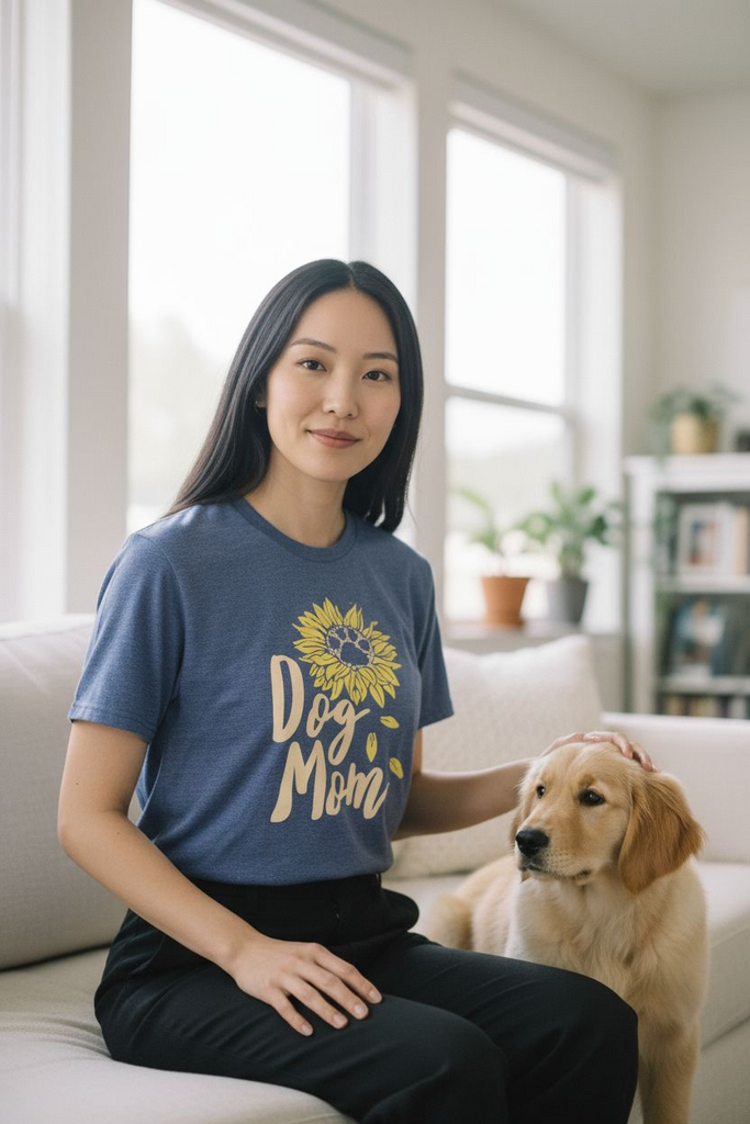 Dog Mom Tee 💕🐾 – Cute Sunflower Graphic Shirt for Dog Lovers 💙🌻