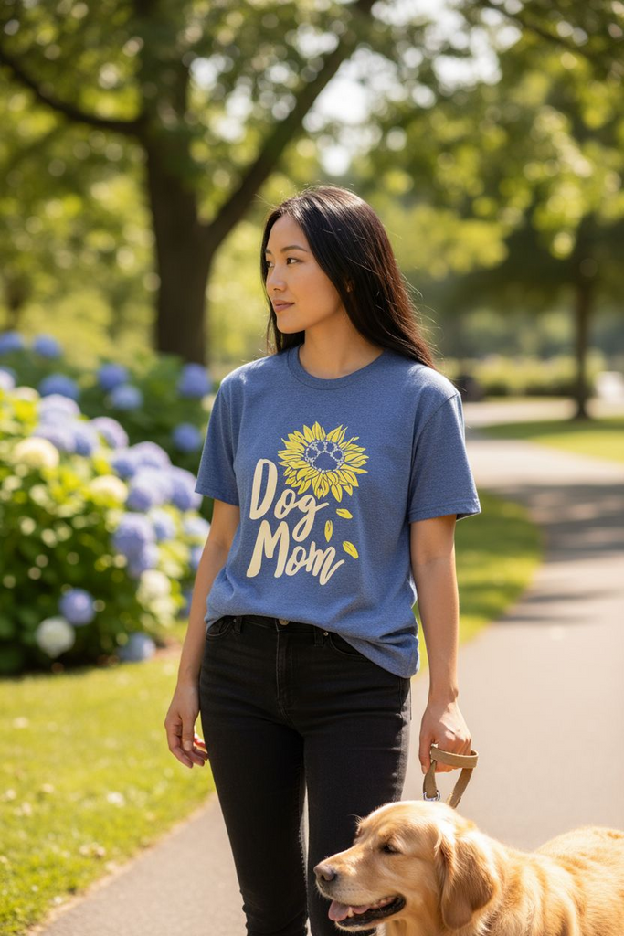 Dog Mom Tee 💕🐾 – Cute Sunflower Graphic Shirt for Dog Lovers 💙🌻