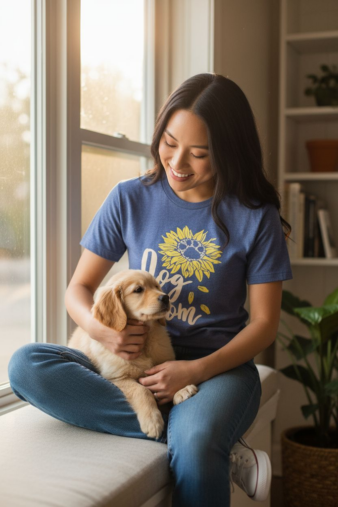 Dog Mom Tee 💕🐾 – Cute Sunflower Graphic Shirt for Dog Lovers 💙🌻