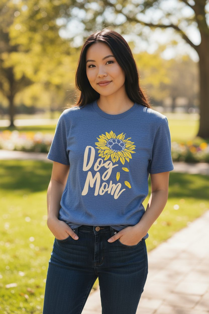 Dog Mom Tee 💕🐾 – Cute Sunflower Graphic Shirt for Dog Lovers 💙🌻