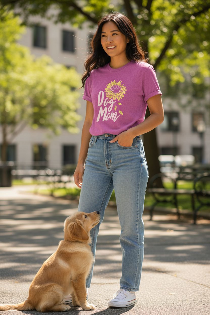 Dog Mom Tee 💕🐾 – Cute Sunflower Graphic Shirt for Dog Lovers 🩷🌻