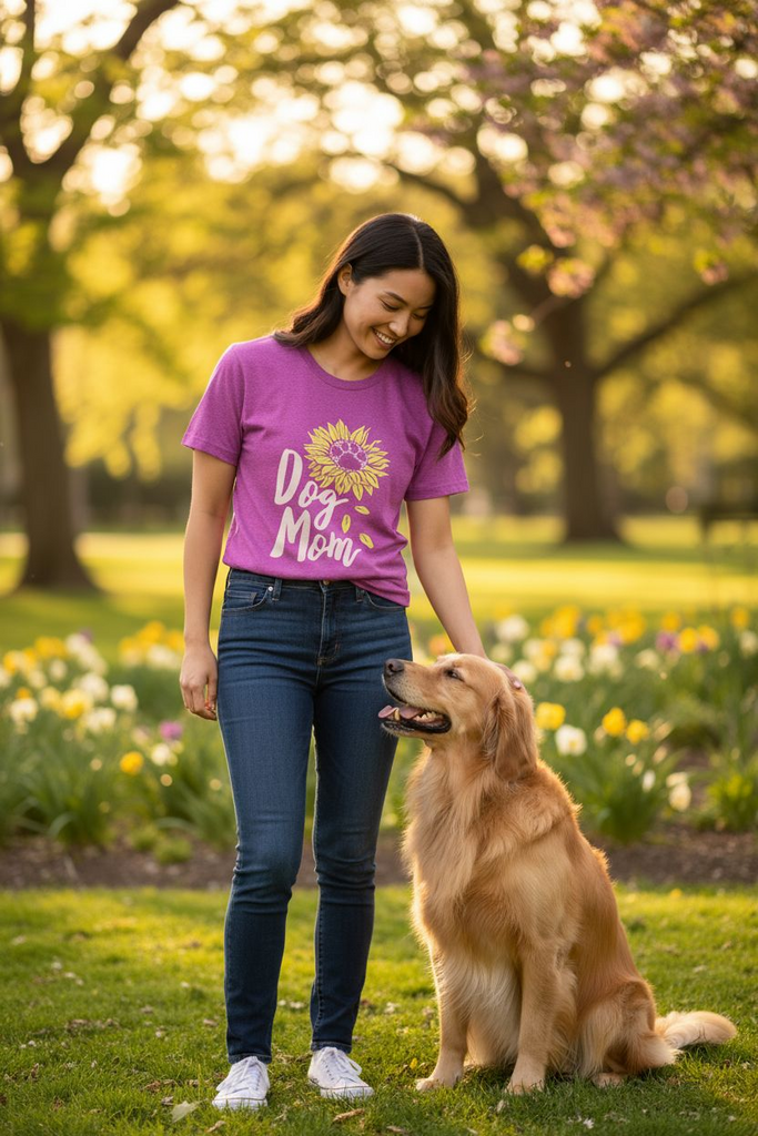 Dog Mom Tee 💕🐾 – Cute Sunflower Graphic Shirt for Dog Lovers 🩷🌻