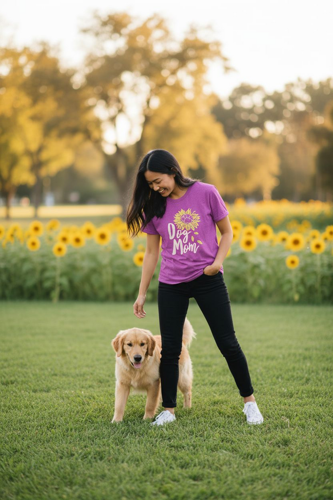 Dog Mom Tee 💕🐾 – Cute Sunflower Graphic Shirt for Dog Lovers 🩷🌻