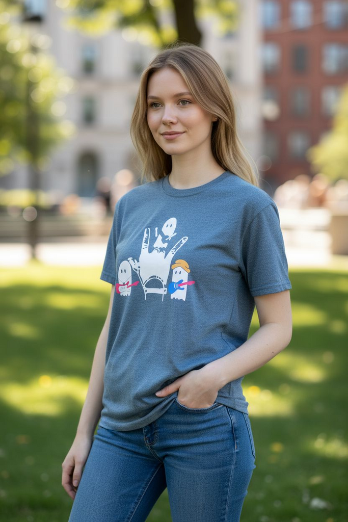 Spooky Love” Ghost Hand Sign Tee 💚🕸️ – Cute Halloween Graphic Shirt