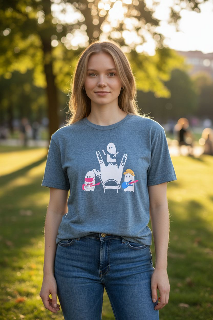 Spooky Love” Ghost Hand Sign Tee 💚🕸️ – Cute Halloween Graphic Shirt