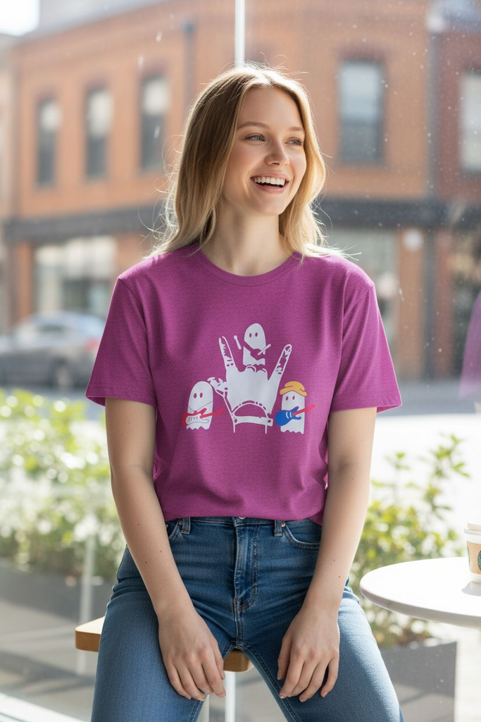 Spooky Love” Ghost Hand Sign Tee 💜🕸️ – Cute Halloween Graphic Shirt