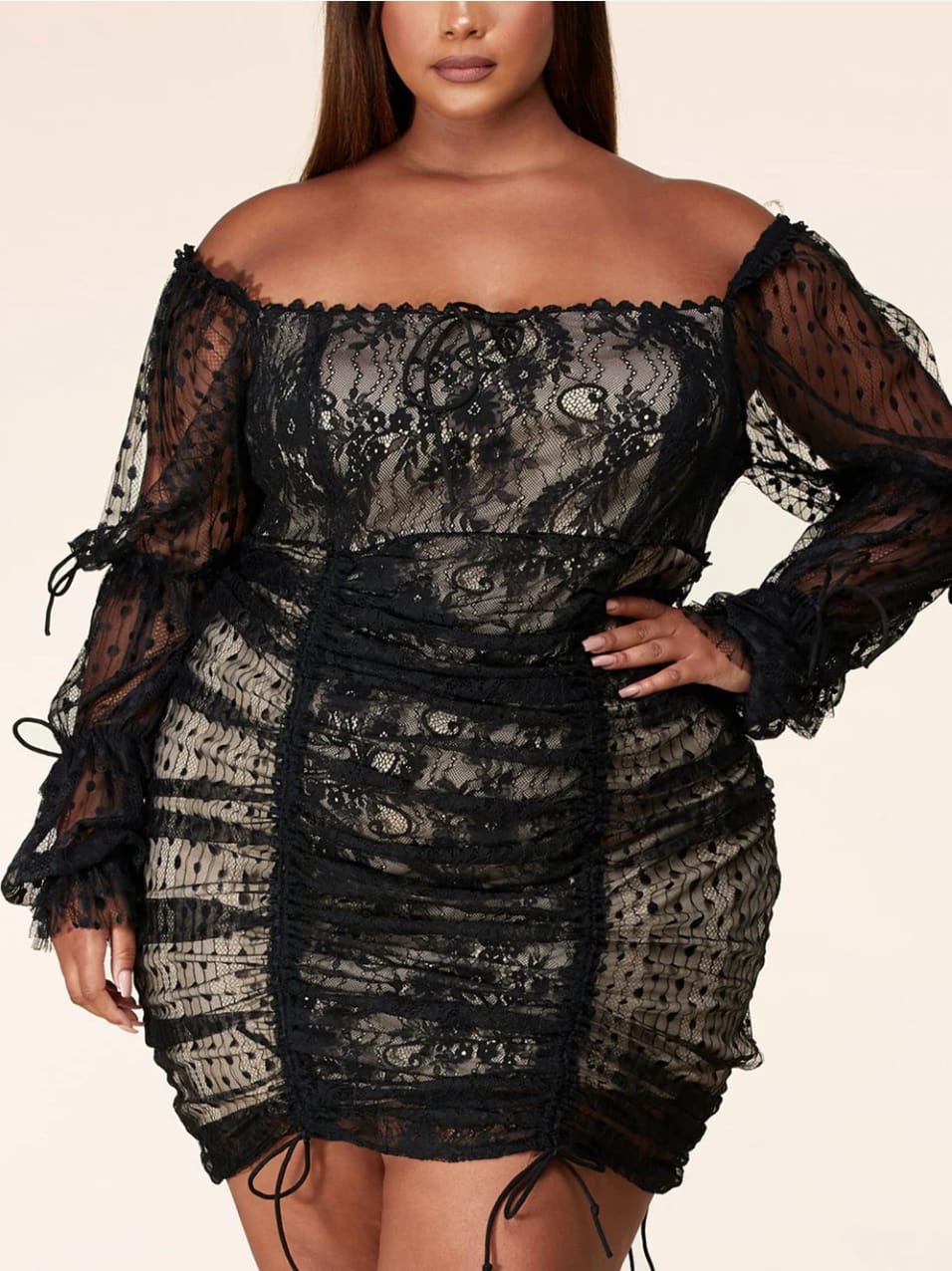 Allure & Lace ~Plus Size Black Lace Off Shoulder Mini Dress Long Sleeve Ruched Mesh Bodycon Cocktail Dress XXL Allure & Lace ~Plus Size Black Lace Off Shoulder Mini Dress Long Sleeve Ruched Mesh Bodycon Cocktail Dress XXL