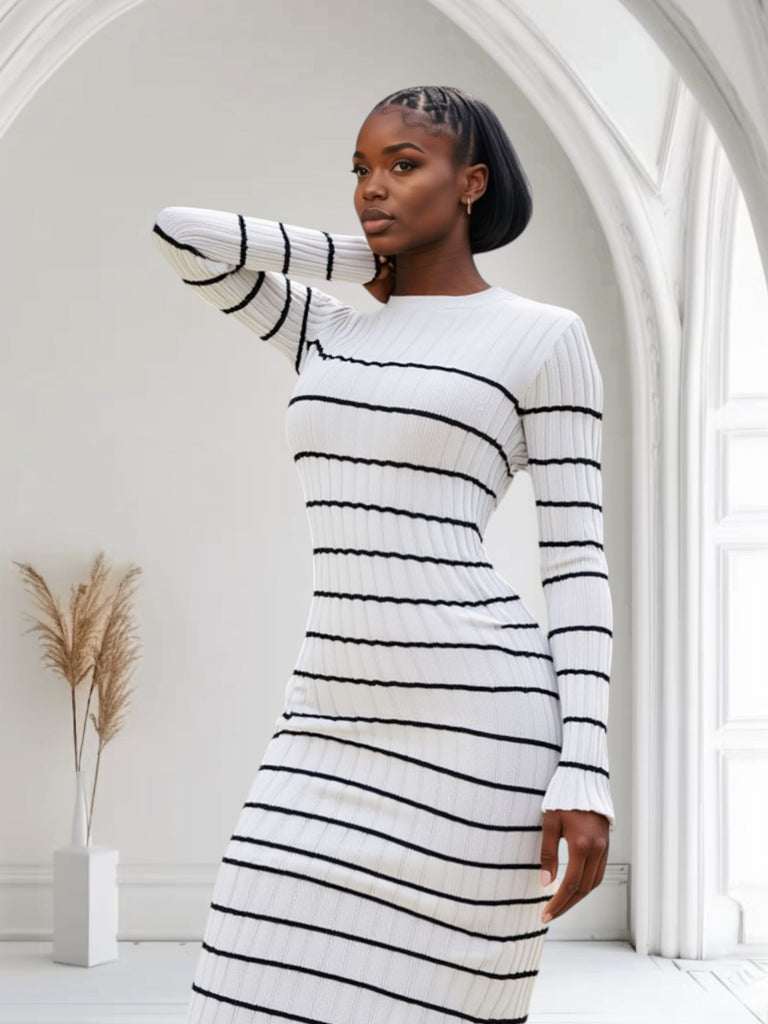 Chic Ribbed Striped Sweater Maxi Dress 🤍🖤 – Effortless Elegance with a Curve-Hugging Fit