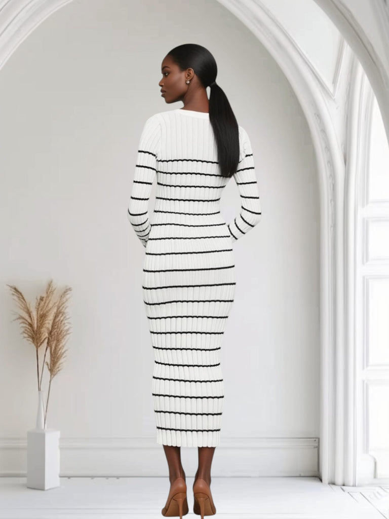 Chic Ribbed Striped Sweater Maxi Dress 🤍🖤 – Effortless Elegance with a Curve-Hugging Fit