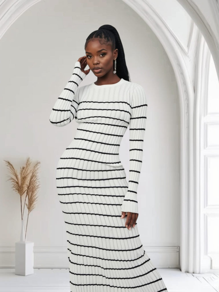 Chic Ribbed Striped Sweater Maxi Dress 🤍🖤 – Effortless Elegance with a Curve-Hugging Fit