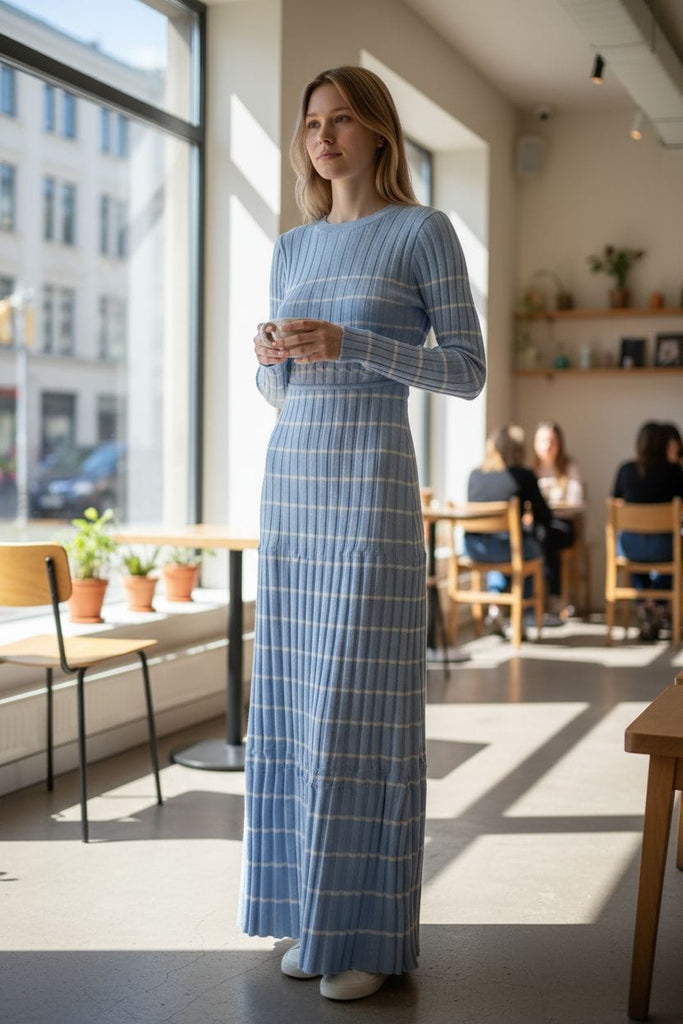 Blue Bliss Striped Sweater Maxi Dress 💫❄️ – Cozy Knit Elegance
