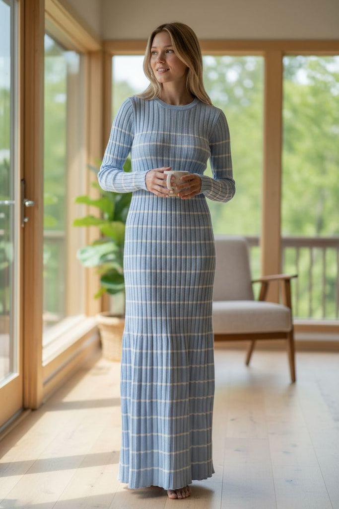 Blue Bliss Striped Sweater Maxi Dress 💫❄️ – Cozy Knit Elegance
