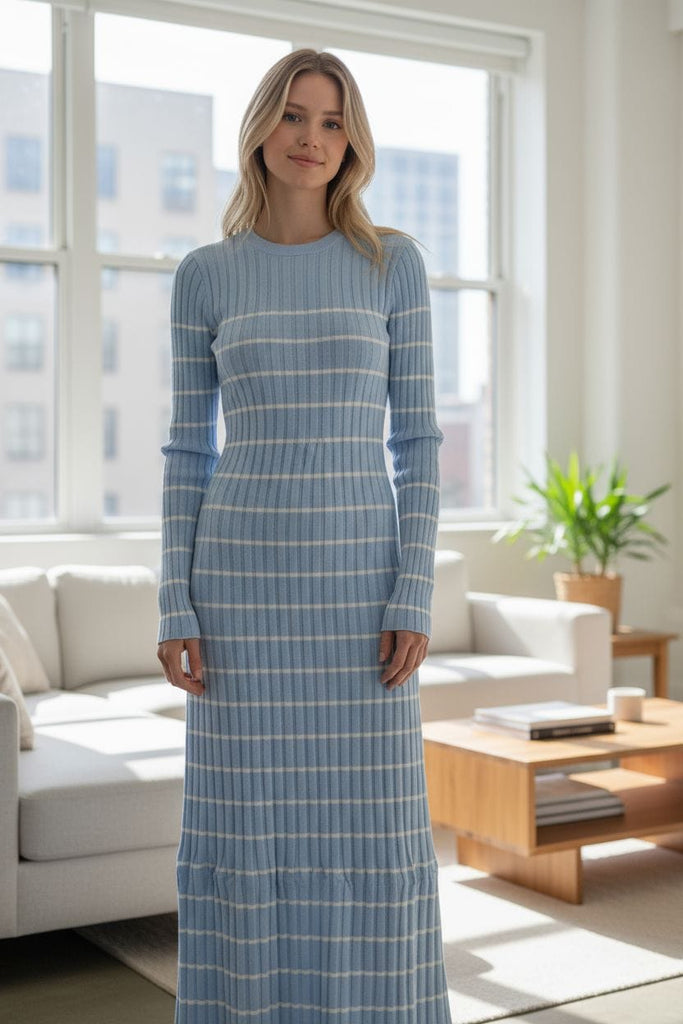 Blue Bliss Striped Sweater Maxi Dress 💫❄️ – Cozy Knit Elegance