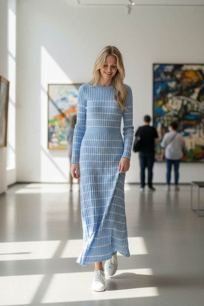 Blue Bliss Striped Sweater Maxi Dress 💫❄️ – Cozy Knit Elegance