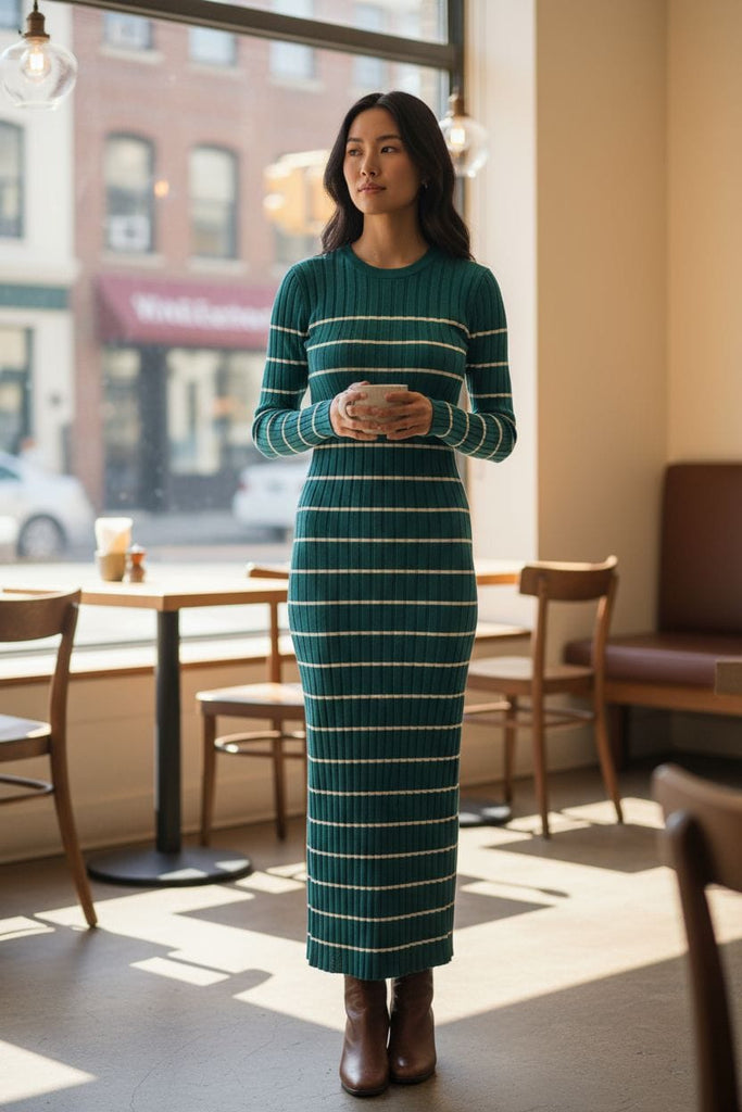 Emerald Stripes Ribbed Maxi Dress 💚🤍 – Sleek, Chic & Effortlessly Elegant