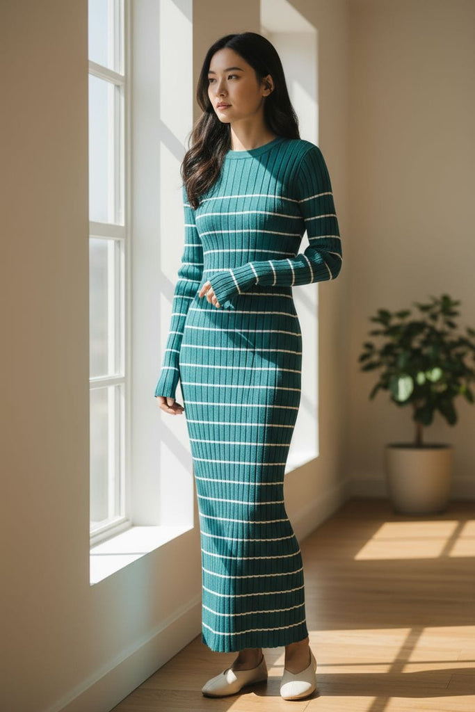 Emerald Stripes Ribbed Maxi Dress 💚🤍 – Sleek, Chic & Effortlessly Elegant