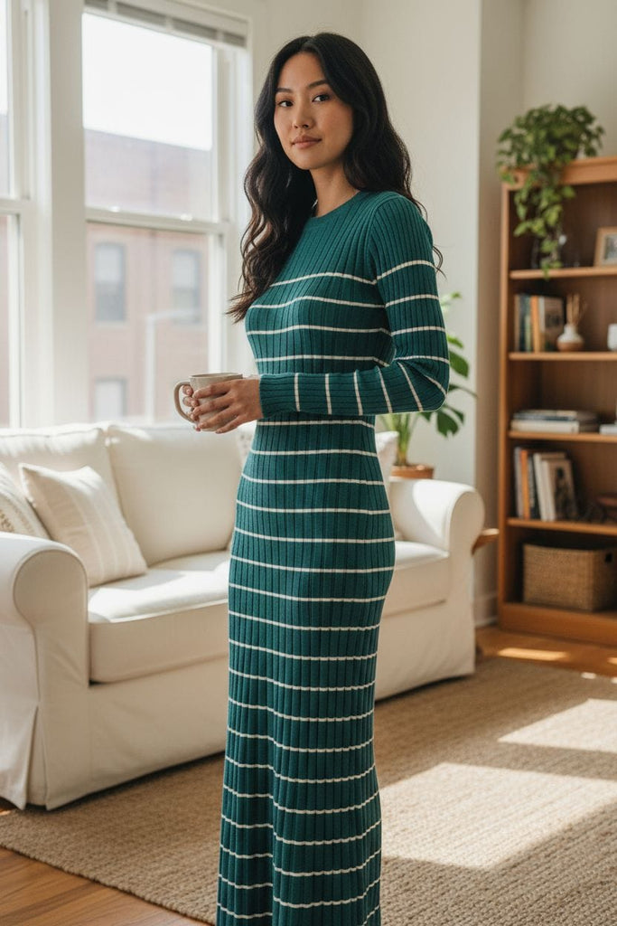 Emerald Stripes Ribbed Maxi Dress 💚🤍 – Sleek, Chic & Effortlessly Elegant