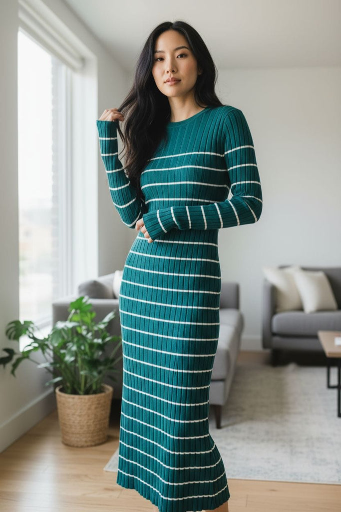 Emerald Stripes Ribbed Maxi Dress 💚🤍 – Sleek, Chic & Effortlessly Elegant