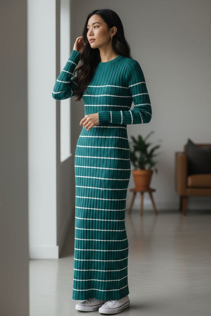Emerald Stripes Ribbed Maxi Dress 💚🤍 – Sleek, Chic & Effortlessly Elegant