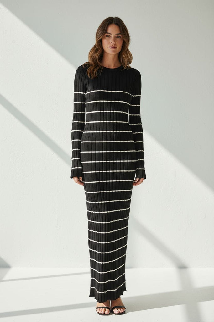Striped Sweater Maxi Dress 🖤✨ – Cozy Ribbed Long Sleeve Knit Dress)