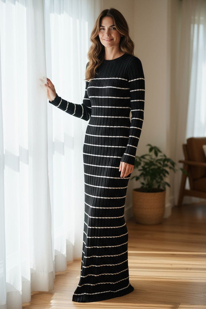 Striped Sweater Maxi Dress 🖤✨ – Cozy Ribbed Long Sleeve Knit Dress)